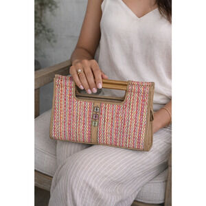 Vintage EGO Woven Straw Handbag Wood Handle Multicolor Resort Summer Chic Y2K